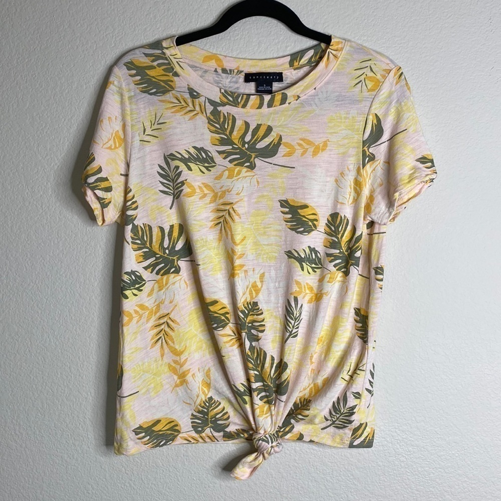 Sanctuary monstera fern tie front t-shirt small pink yellow